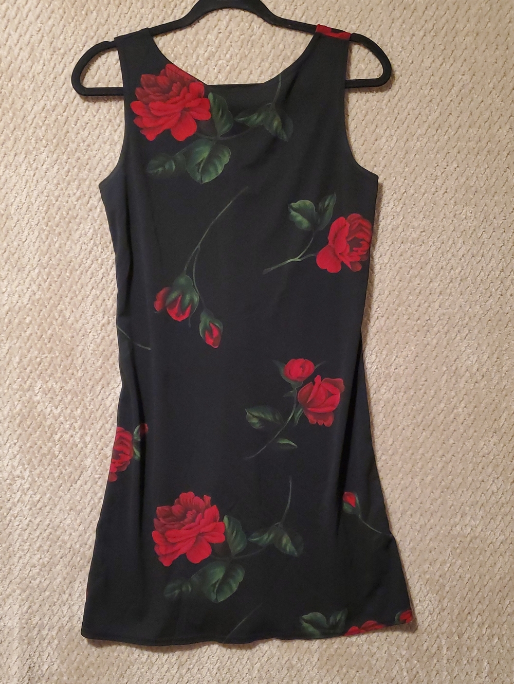 Black Sleeveless Shift Dress with Red Rose Print